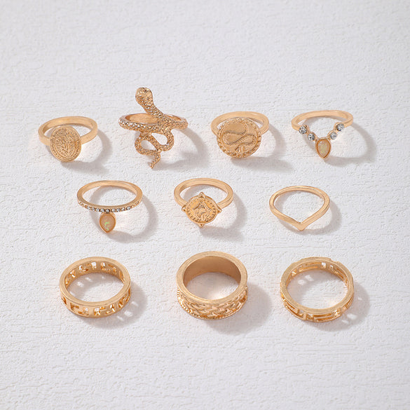Vintage Beauty Head Alloy Coin Cross Pattern Rhinestone Love Ring Set Nhgy125437