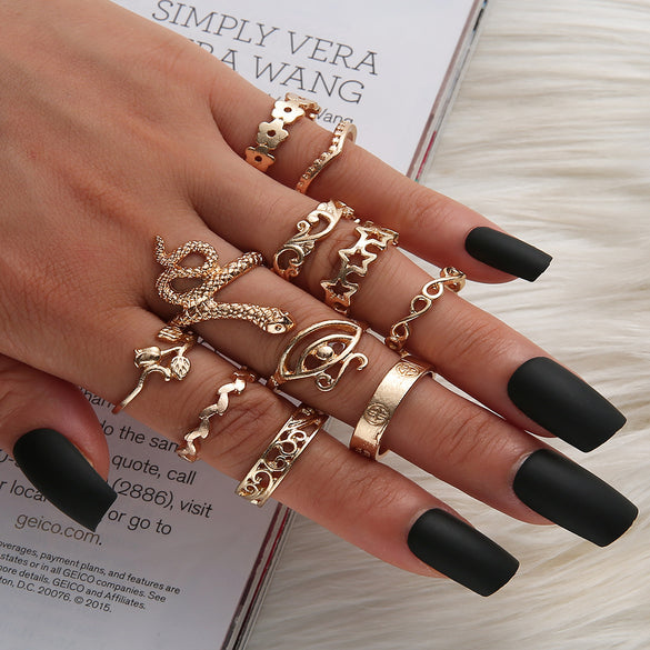 Retro Diamond-studded Turquoise Geometric Ring Set