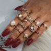 Retro Diamond-studded Turquoise Geometric Ring Set