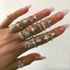 Retro Diamond-studded Turquoise Geometric Ring Set