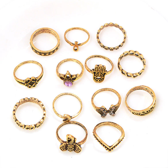 Retro Diamond-studded Turquoise Geometric Ring Set