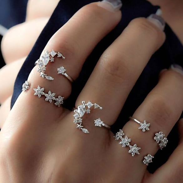Retro Diamond-studded Turquoise Geometric Ring Set