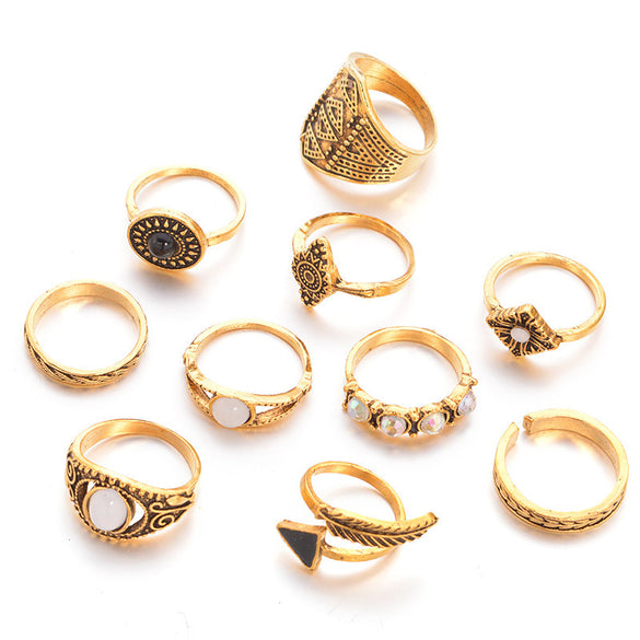 Retro Diamond-studded Turquoise Geometric Ring Set