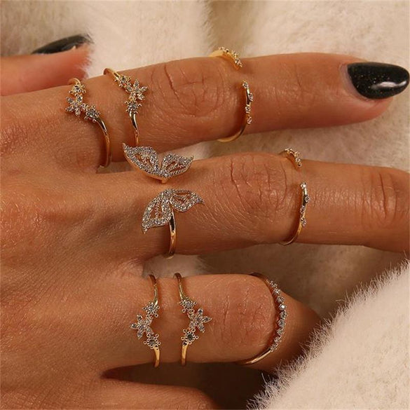 Retro Diamond-studded Turquoise Geometric Ring Set