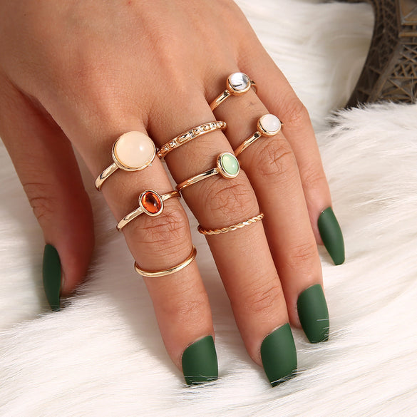 Retro Diamond-studded Turquoise Geometric Ring Set
