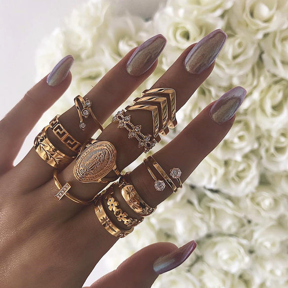 Retro Diamond-studded Turquoise Geometric Ring Set