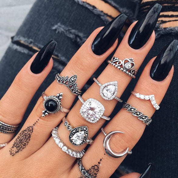 Retro Diamond-studded Turquoise Geometric Ring Set