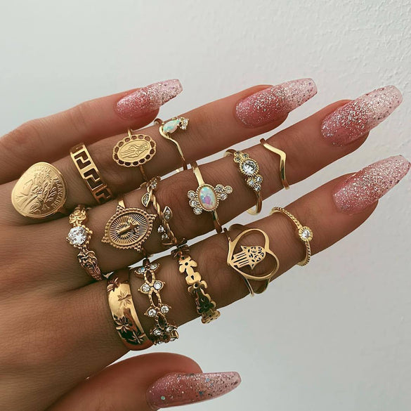 Retro Diamond-studded Turquoise Geometric Ring Set