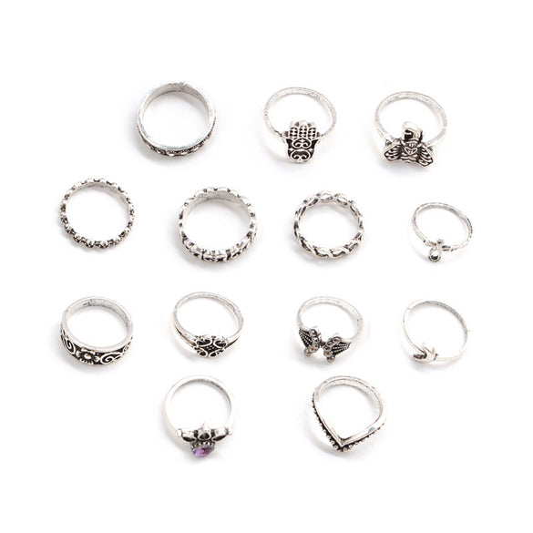 Retro Diamond-studded Turquoise Geometric Ring Set
