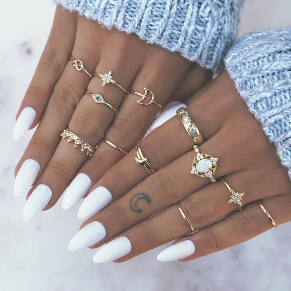 Retro Diamond-studded Turquoise Geometric Ring Set