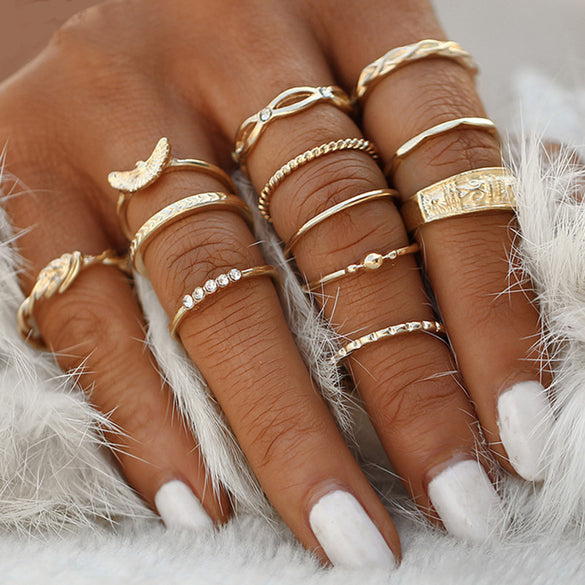 Retro Diamond-studded Turquoise Geometric Ring Set