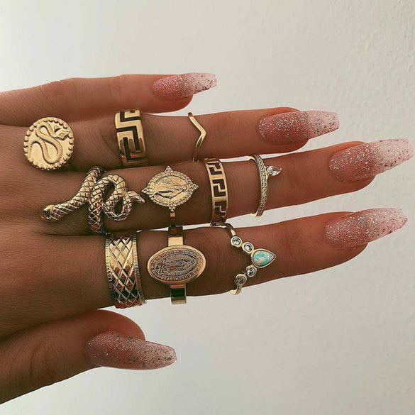 Retro Diamond-studded Turquoise Geometric Ring Set