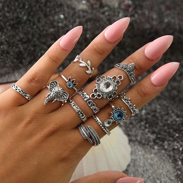 Retro Diamond-studded Turquoise Geometric Ring Set