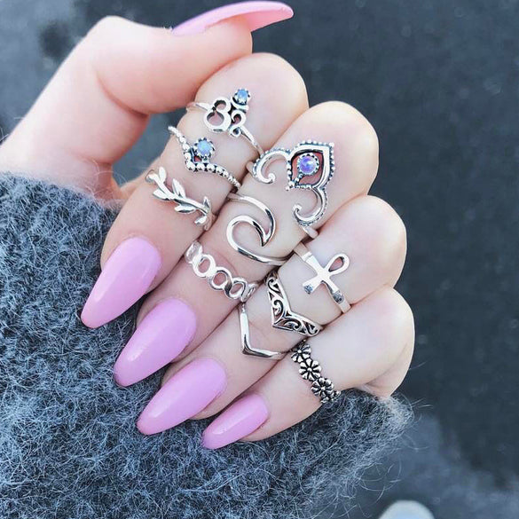 Retro Diamond-studded Turquoise Geometric Ring Set