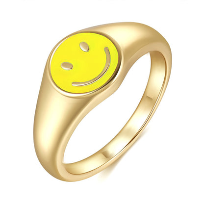 Cross-border European And American New Cute Smiling Face Ring Women's Simple Women's 18k Gold Drop Oil Copper Ring Color Retention