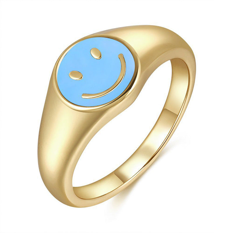 Cross-border European And American New Cute Smiling Face Ring Women's Simple Women's 18k Gold Drop Oil Copper Ring Color Retention