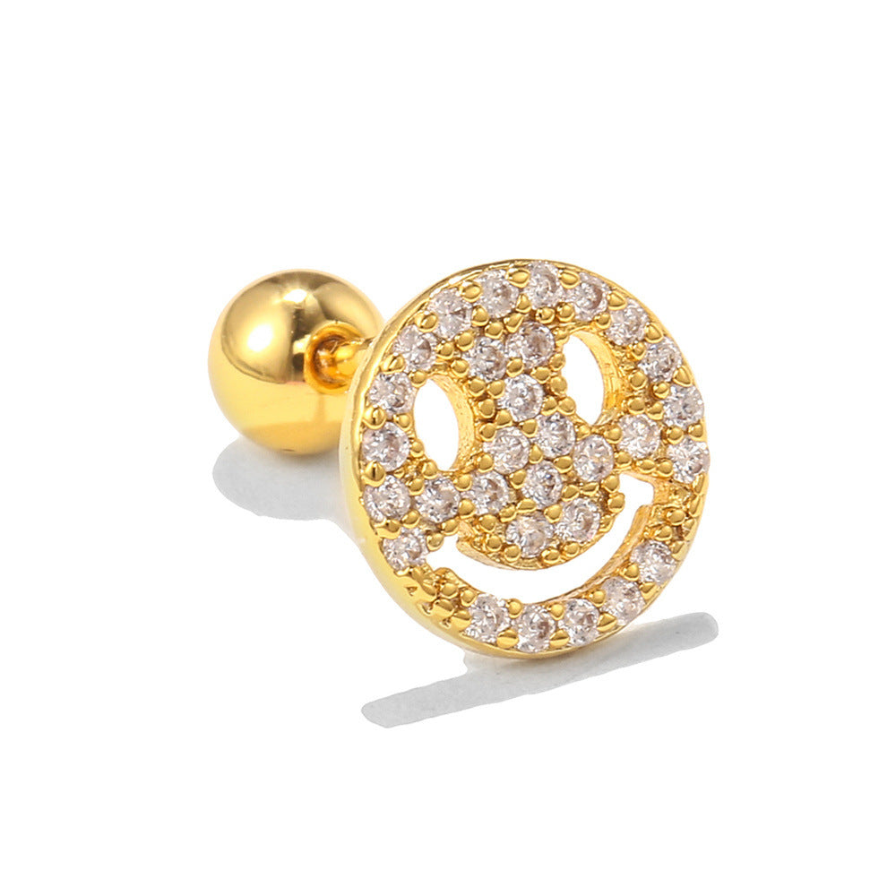 Smiley Face Ear Bone Stud Micro Inlaid Zircon 20g Stainless Steel Rod Piercing Twist Ball Earring