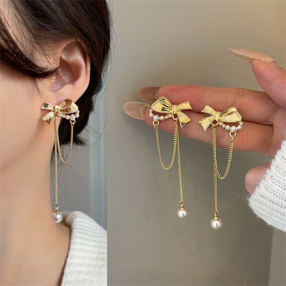 1 Pair Lady Geometric Star Bow Knot Tassel Inlay Alloy Artificial Rhinestones Artificial Pearls Drop Earrings