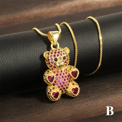 Cute Simple Style Bear Heart Shape Copper 18k Gold Plated Zircon Pendant Necklace In Bulk