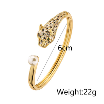 Fashion Leopard Head Copper Gold Plated Artificial Pearls Zircon Bangle