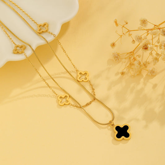 Wholesale Simple Style Four Leaf Clover Roman Numeral Titanium Steel Plating 18k Gold Plated Layered Necklaces