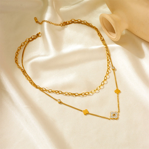 Wholesale Vintage Style Flower Titanium Steel Plating Inlay 18k Gold Plated Zircon Necklace