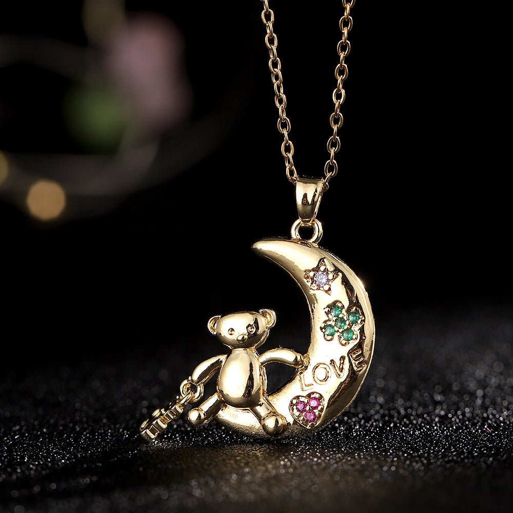 Cartoon Style Bear Copper Inlay Zircon Pendant Necklace