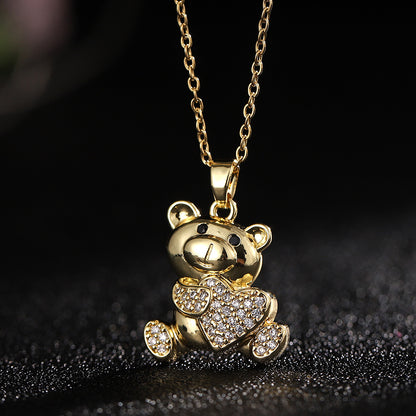 Cartoon Style Bear Copper Inlay Zircon Pendant Necklace