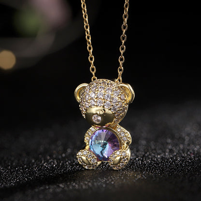 Cartoon Style Bear Copper Inlay Zircon Pendant Necklace