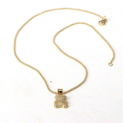 Cute Hip-hop Little Bear Copper Plating Inlay Zircon Gold Plated Pendant Necklace