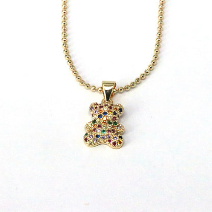 Cute Hip-hop Little Bear Copper Plating Inlay Zircon Gold Plated Pendant Necklace