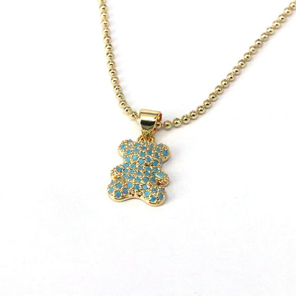 Cute Hip-hop Little Bear Copper Plating Inlay Zircon Gold Plated Pendant Necklace