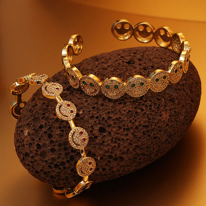 Casual Commute Smiley Face Brass 14k Gold Plated Zircon Bangle In Bulk