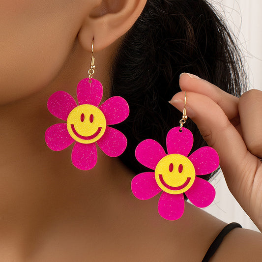 1 Pair Sweet Simple Style Smiley Face Flower Arylic Drop Earrings