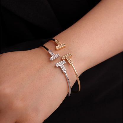 Elegant Simple Style T Shape Stainless Steel Plating Inlay Zircon Bangle