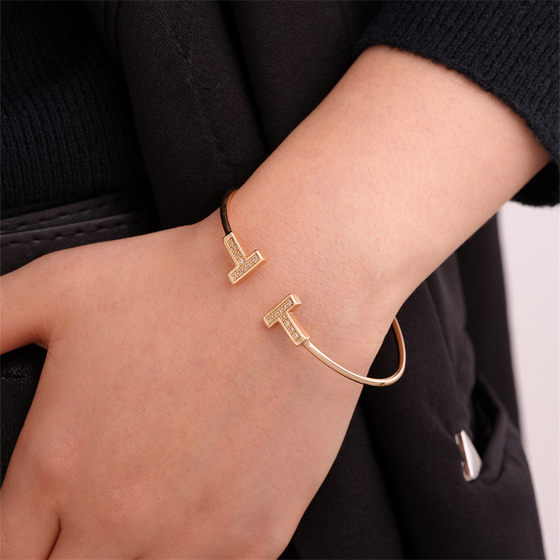 Elegant Simple Style T Shape Stainless Steel Plating Inlay Zircon Bangle