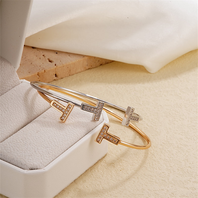 Elegant Simple Style T Shape Stainless Steel Plating Inlay Zircon Bangle