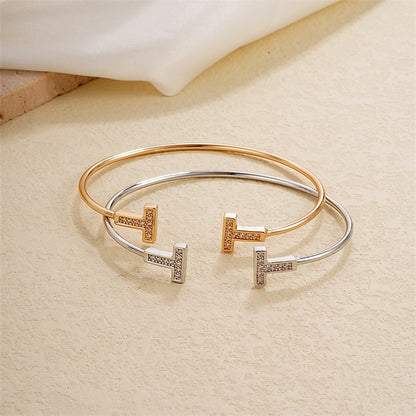 Elegant Simple Style T Shape Stainless Steel Plating Inlay Zircon Bangle