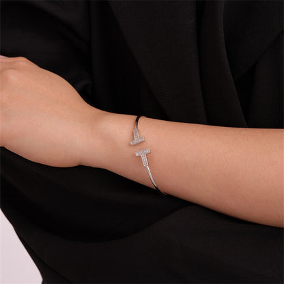 Elegant Simple Style T Shape Stainless Steel Plating Inlay Zircon Bangle