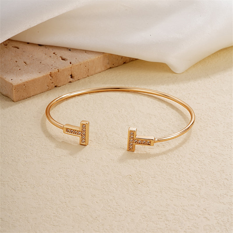 Elegant Simple Style T Shape Stainless Steel Plating Inlay Zircon Bangle