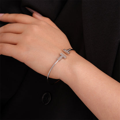 Elegant Simple Style T Shape Stainless Steel Plating Inlay Zircon Bangle