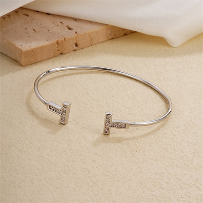 Elegant Simple Style T Shape Stainless Steel Plating Inlay Zircon Bangle