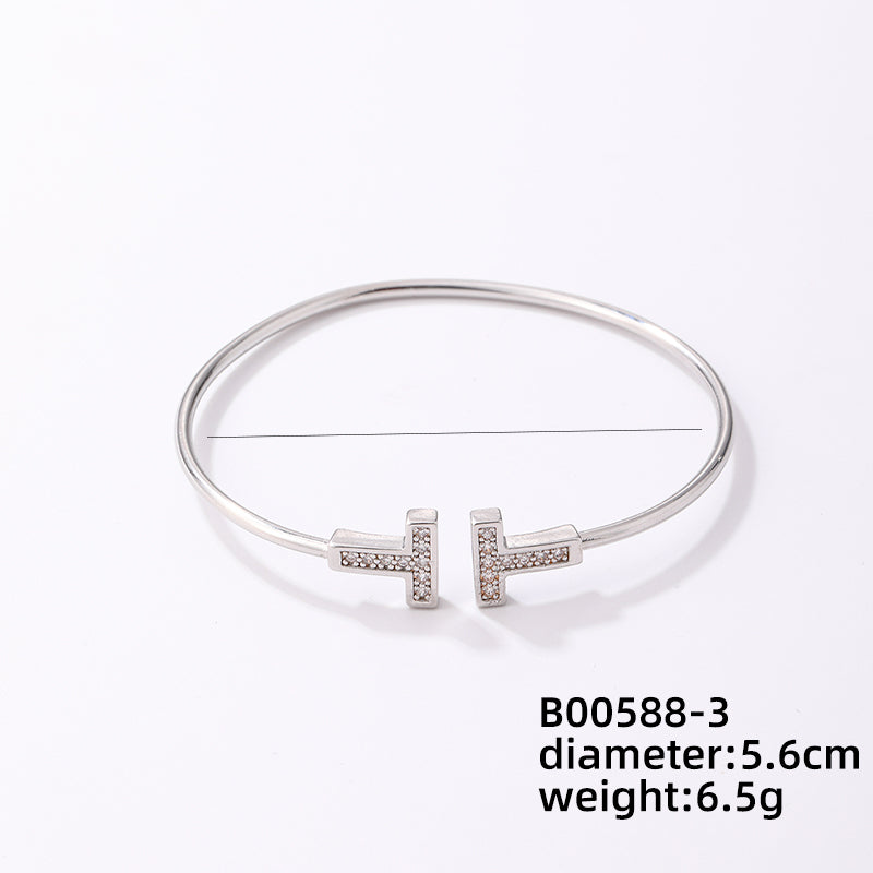 Elegant Simple Style T Shape Stainless Steel Plating Inlay Zircon Bangle