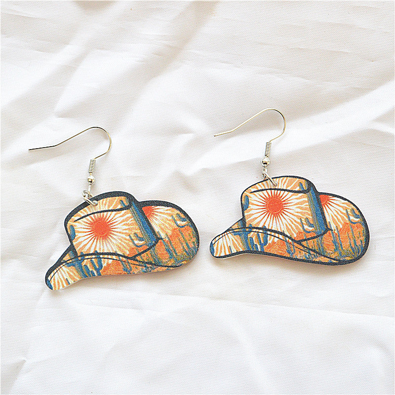 1 Pair Casual Retro Hat Printing Arylic Metal Drop Earrings