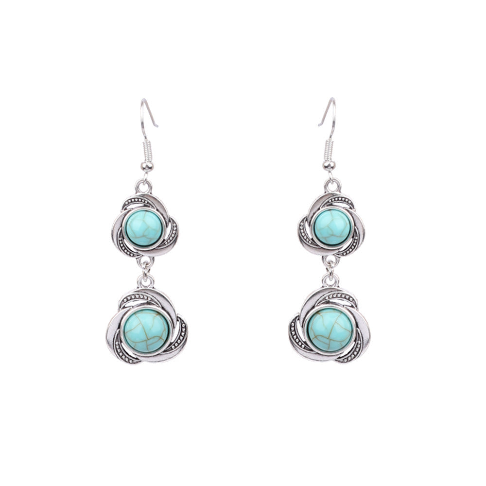 1 Pair Ethnic Style Round Inlay Alloy Turquoise Drop Earrings