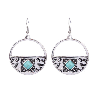 1 Pair Ethnic Style Round Inlay Alloy Turquoise Drop Earrings