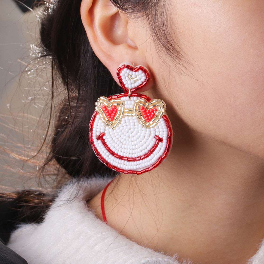 1 Pair Sweet Simple Style Artistic Heart Shape Smiley Face Beaded Cloth Drop Earrings