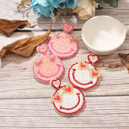 1 Pair Sweet Simple Style Artistic Heart Shape Smiley Face Beaded Cloth Drop Earrings