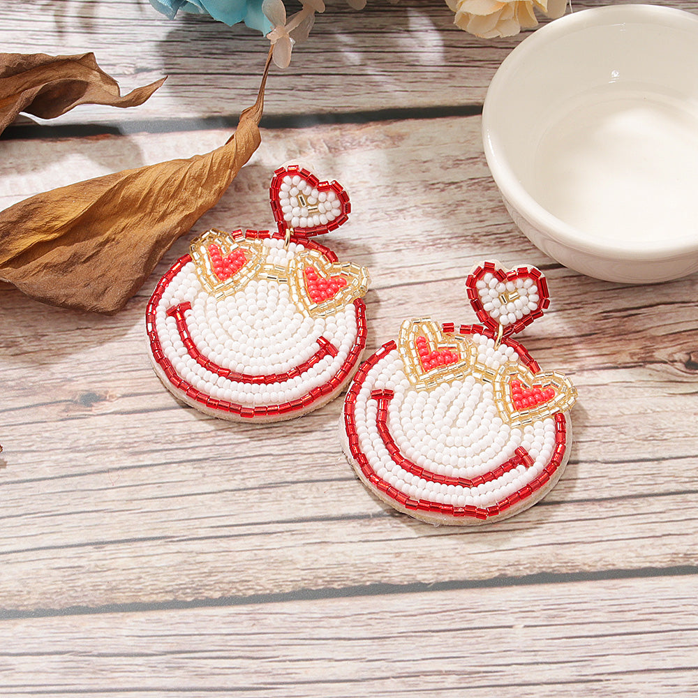 1 Pair Sweet Simple Style Artistic Heart Shape Smiley Face Beaded Cloth Drop Earrings