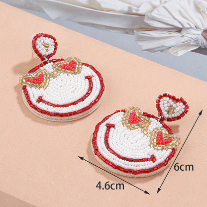 1 Pair Sweet Simple Style Artistic Heart Shape Smiley Face Beaded Cloth Drop Earrings